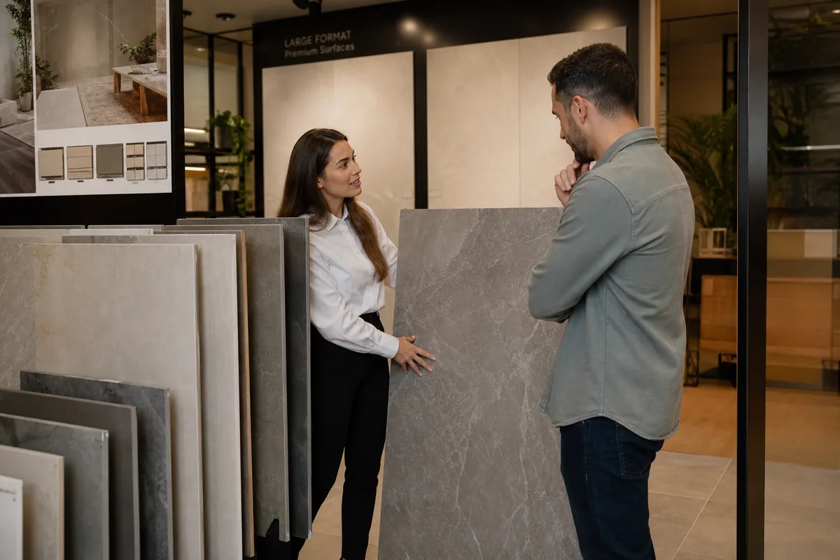 Conseiller présentant des échantillons de carrelage à un client en showroom