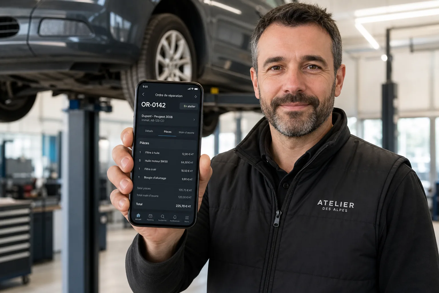 Mécanicien consultant un ordre de réparation AuraPro sur smartphone dans l'atelier